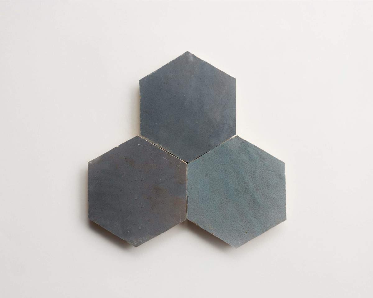 Zellige tile tempered steel grey hexagon.
