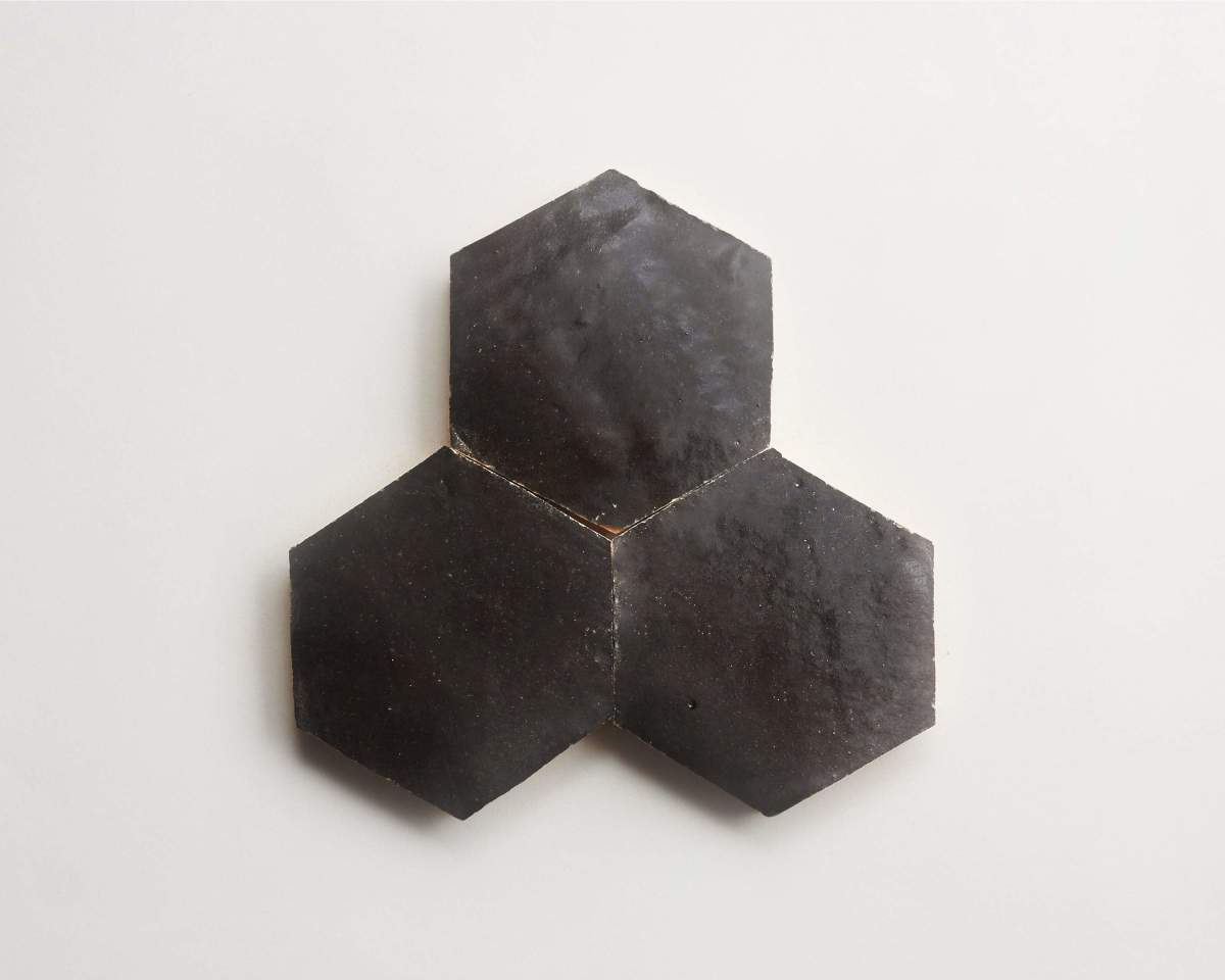 Zellige tile matte black charred cedar hexagon.