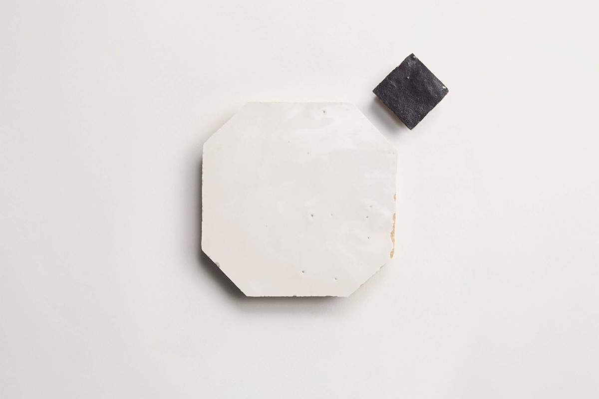 Weathered white octagon & charred cedar bouchon tile.