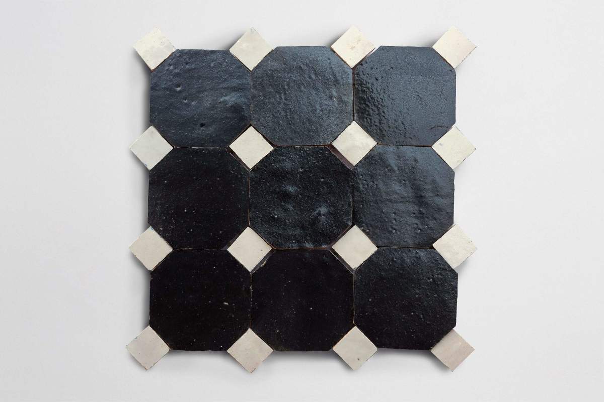 Charred cedar octagon & weathered white bouchon tile.