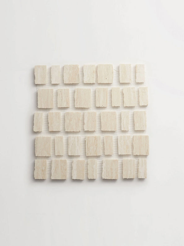 clé lapidary: rough cuts | rough cut mosaic sheet (large joint) | honed | white limestone ~ 12"x12¼"x⅜"